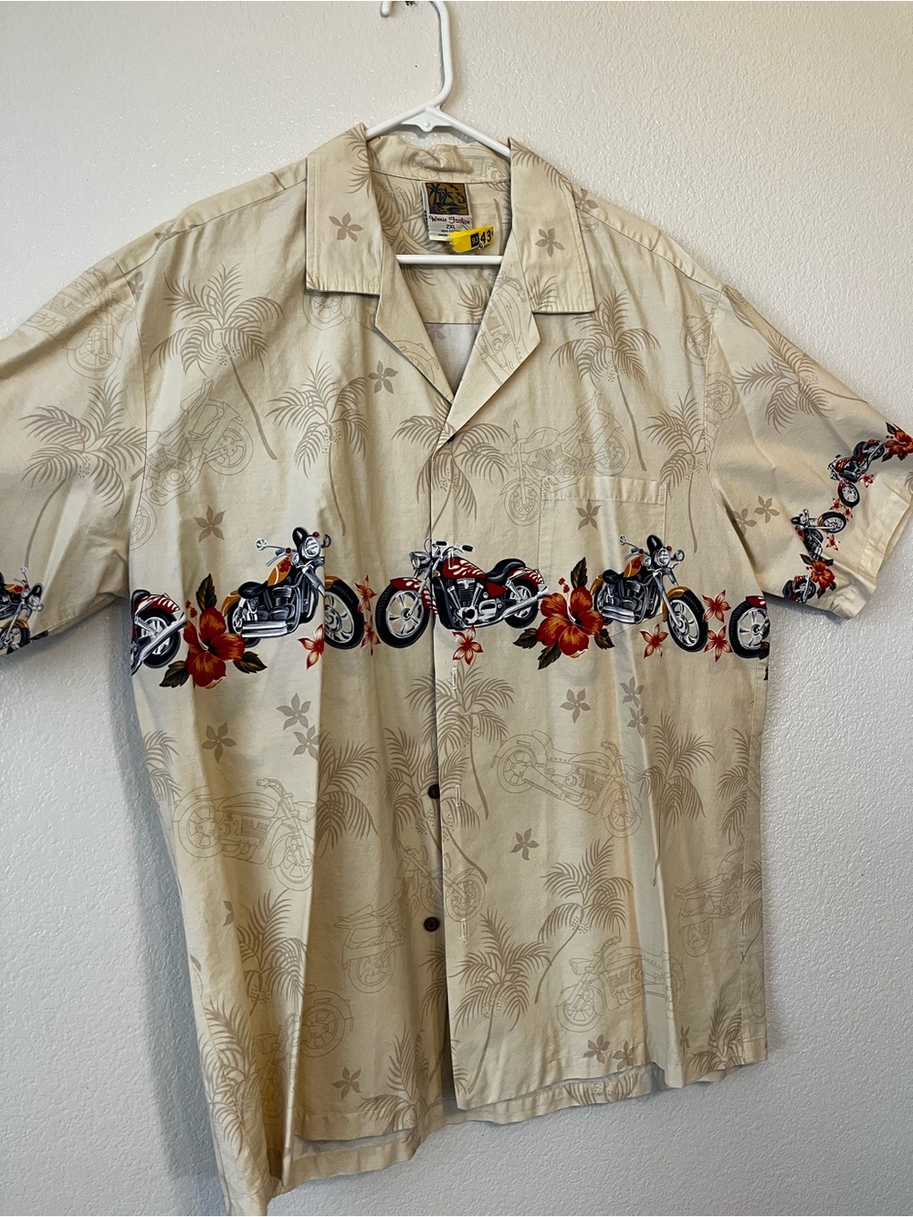 Vintage Winnie Fashion Beige Hawaiian Motorcycle Print Short-Sleeve Button Shirt